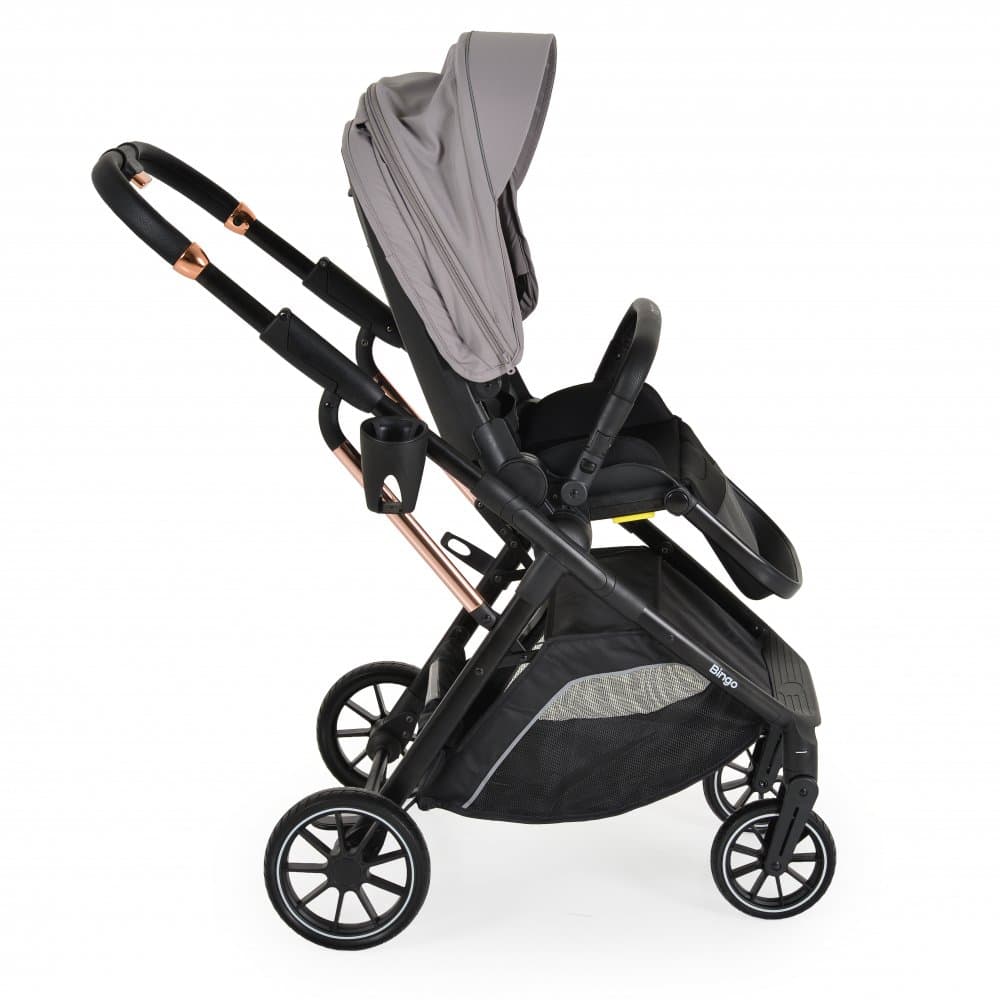 Carucior transformabil 2in1 Moni Bingo Steel cu sezut reversibil,pana la 4 ani sau 22kg,spatar reglabil,capotina XXL cu 4 sectiuni,pliere compacta cu unitatea scaunului,roti rezistente,husa picioare si geanta incluse