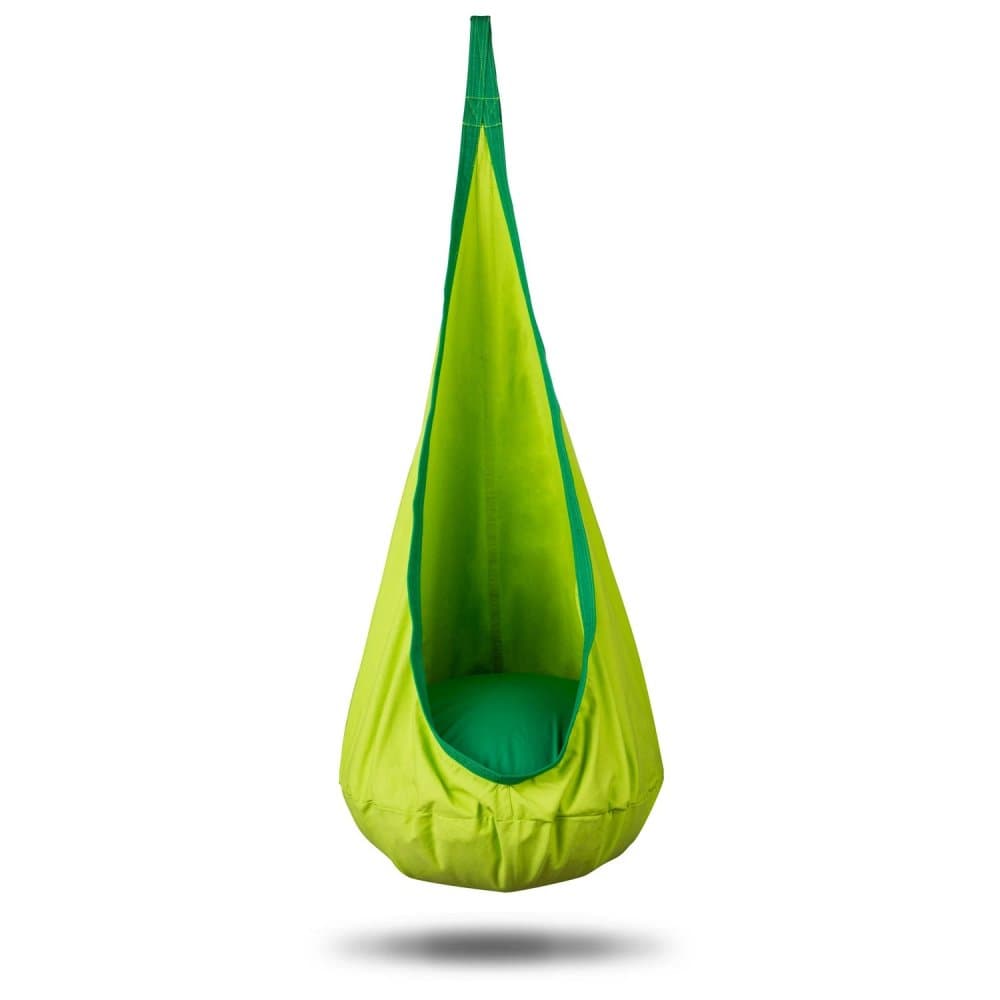 Hamac tip Cocoon pentru copii 140 x 55 cm Neo-Sport Cocoon Green, utilizare interiorexterior, capacitate maxima 80 kg, husa detasabila si lavabila, perna gonflabila inclusa