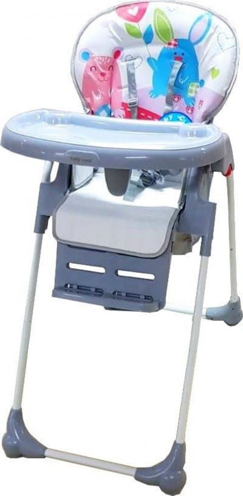 Scaun de masa pentru copii Baby Care CC Happy Friends Gri reglabil in 3 trepte, pliabil, centura de siguranta, sezut confortabil, masuta detasabila, pozitie somn, cosulet de depozitare