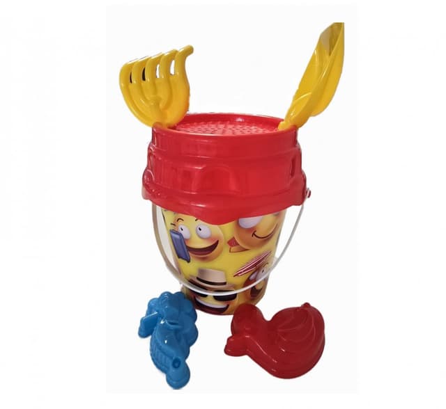 Set 6 jucarii de nisip pentru copii, BurakToys, cu galetusa, lopatica, grebla, sita si 2 forme, Desene Multicolor