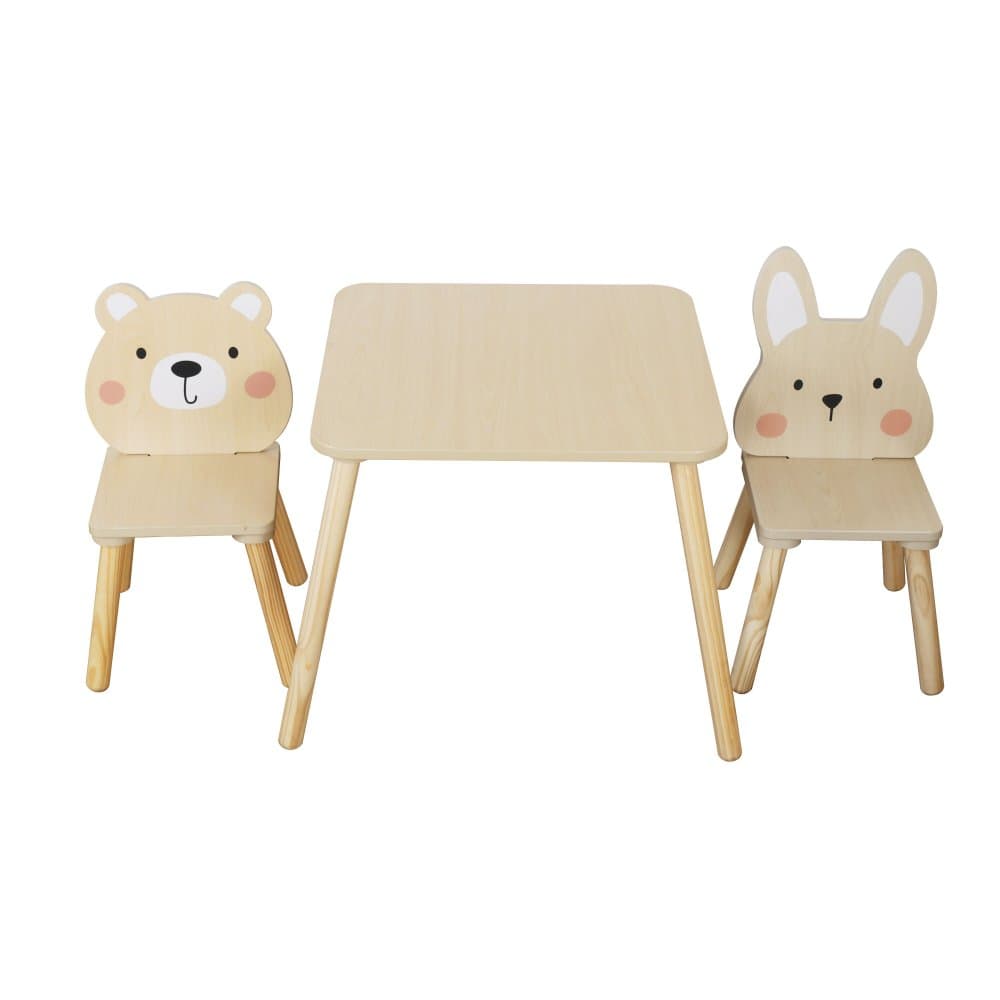 Set masuta si 2 scaunele cu spatar pentru copii din material MDF Moni Bear and Bunny Beige