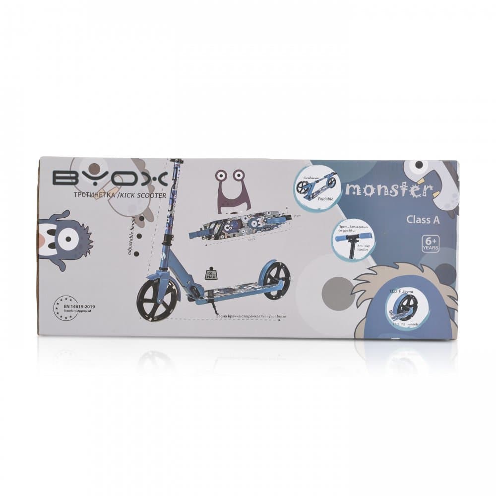 Trotineta pliabila pentru copii de la 6ani,cu ghidon din aluminiu,roti ABEC-7 din PU cu lumini LED,inaltime ghidon ajustabila,frana de picior si cric Byox Monster Green