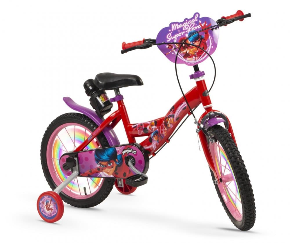 Bicicleta pentru copii Toimsa Miraculous Violet 16 inch cu roti ajutatoare, suport si sticla de apa, frana pe janta fata, frana cu tambur spate, ghidon reglabil pe inaltime, inaltime copil recomandata 110-120 cm