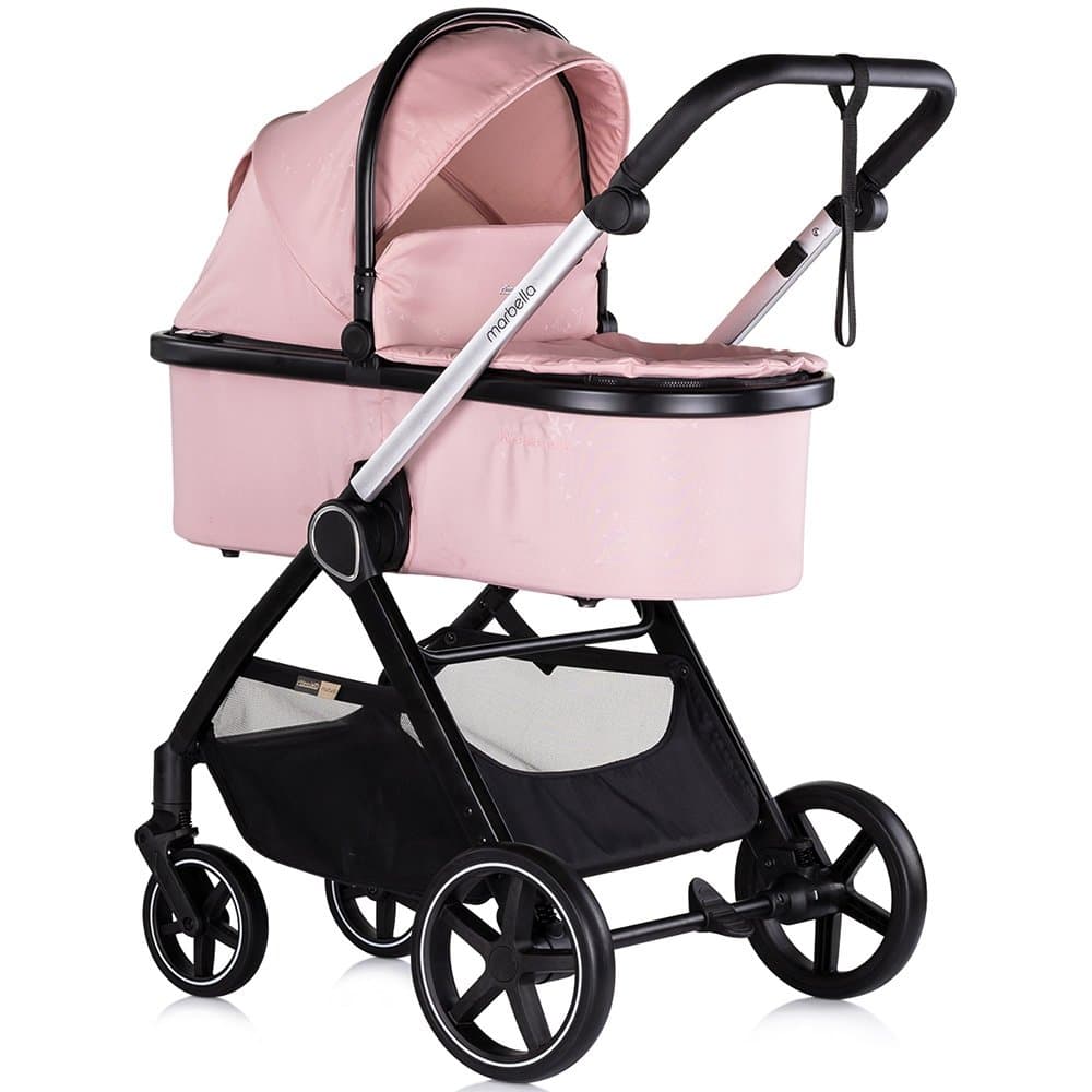 Carucior pentru copii Chipolino Marbella 3 in 1 pink marshmallow cu spatar reglabil, suspensii, maner ajustabil, bara detasabila, suport picioare reglabil