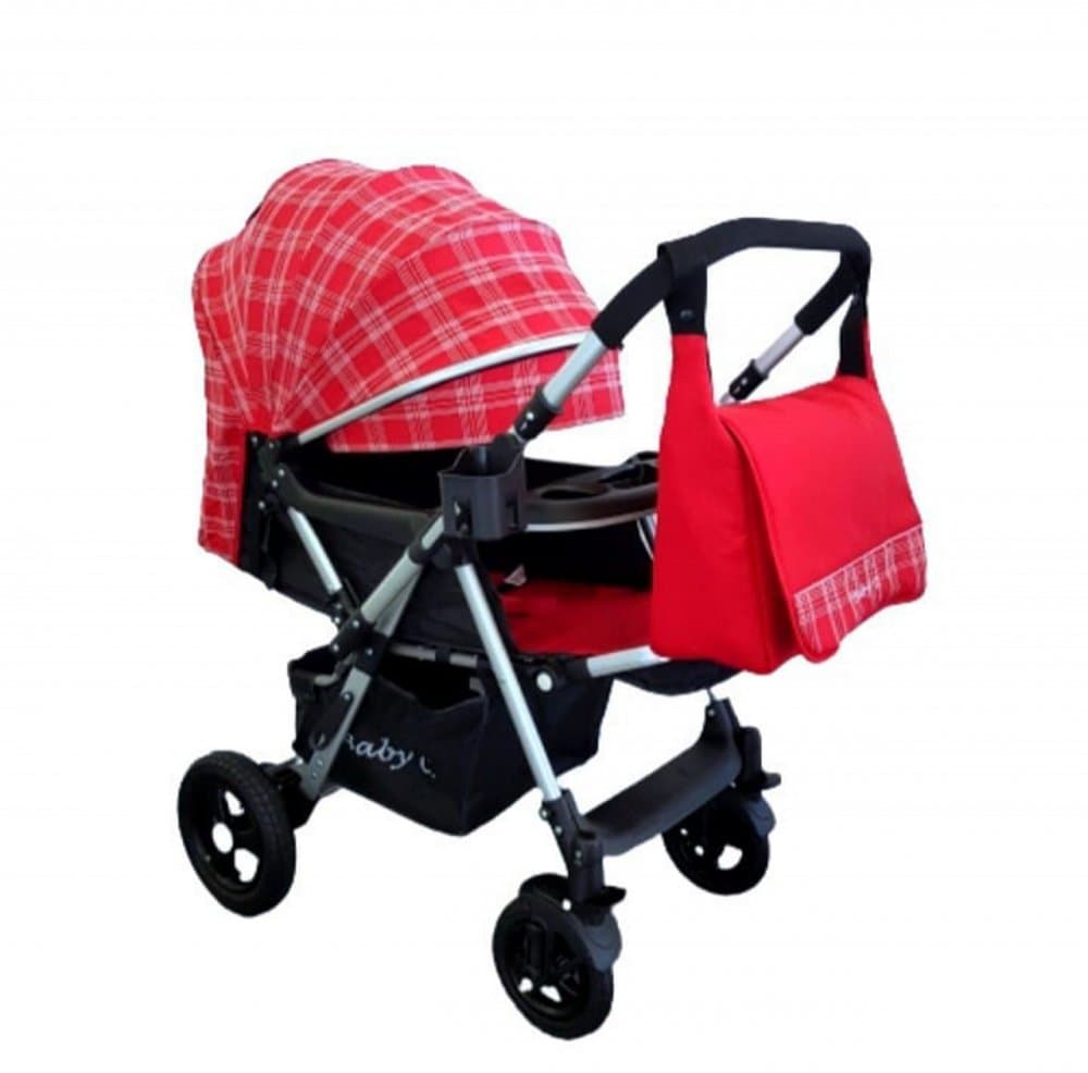 Carucior pentru copii Baby Care Pro 511 Rosu cu carouri 2 in 1 cu geanta inclusa, Cadru aluminiu, Maner reversibil, Spatar reglabil in 5 trepte, Amortizoare, Plasa insecte, Frana picior