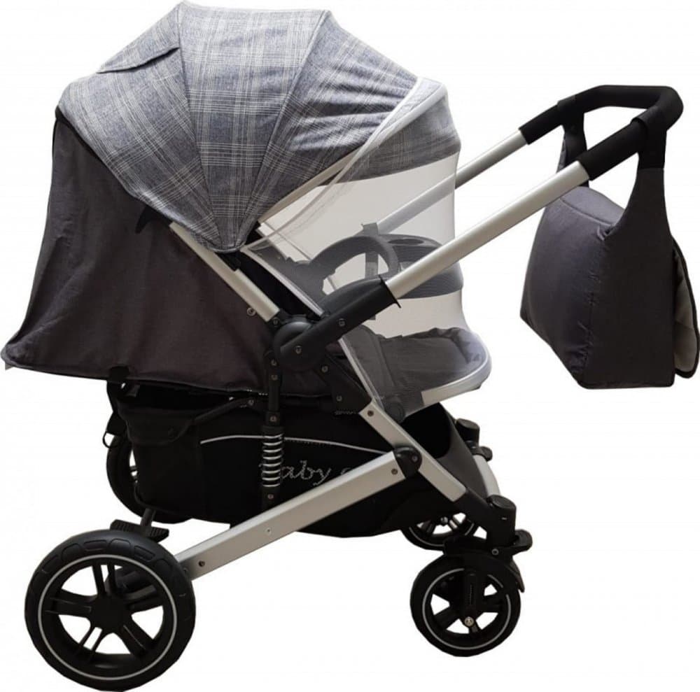 Carucior pentru copii Baby Care Pro 512 Gri Carouri cu Suspensii, Cadru aluminiu Silver, Maner reversibil, Spatar reglabil in 5 trepte, Frana picior, Plasa insecte, Geanta
