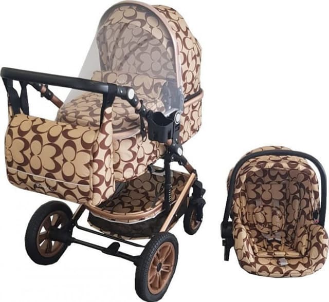 Carucior pentru copii Baby Care Pro 530 Crem cu Imprimeu Oval 3 in 1 Transformabil, Cadru Aluminiu, Amortizoare, Roti din cauciuc, Spatar reglabil 3 trepte, Plasa insecte, Geanta