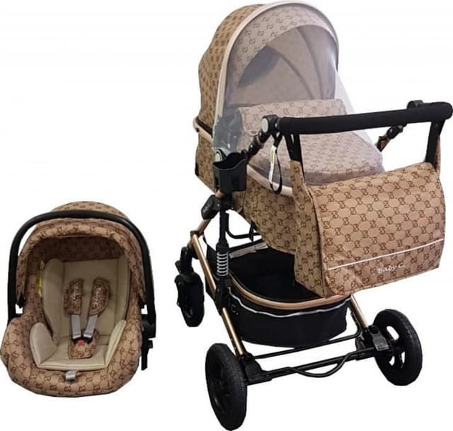 Carucior pentru copii Baby Care Pro 531 Bej Maro 3 in 1 Transformabil, Cadru Aluminiu, Amortizoare, Roti din cauciuc, Spatar reglabil 3 trepte, Plasa insecte, Geanta