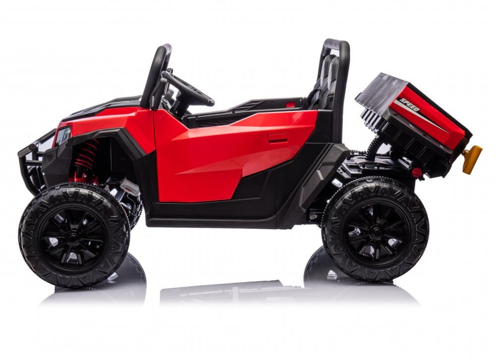Masinuta electrica pentru 2 copii Nichiduta Speed 4x4 Red cu remorca,telecomanda 2.4G,acumulator 12V10Ah,4 motoare,roti din cauciuc EVA,scaun din piele,suspensii,faruri cu lumini LED,mufa USB,MP3,Bluetooth,centuri siguranta