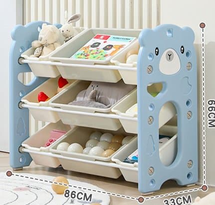 Organizator pentru copii Nichiduta Garden Blue Bear, cu rafturi deschise, pe 3 nivele, include 6 cutii mici si 3 cutii mari, dimensiune 86 x 33 x 66 cm