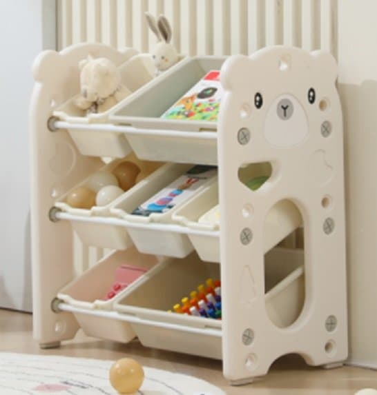 Organizator pentru copii Nichiduta Garden Blue Bear, cu rafturi deschise, pe 3 nivele, include 5 cutii mici si 2 cutii mari, dimensiune 66 x 33 x 66 cm