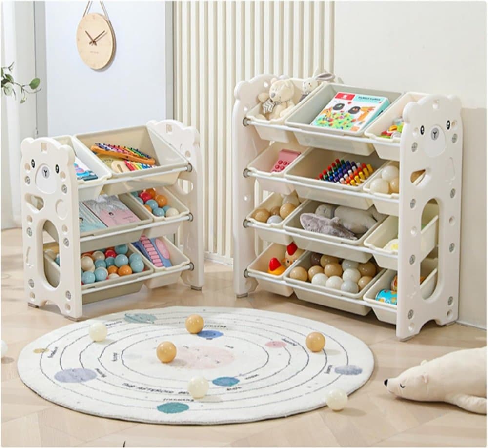 Organizator pentru copii Nichiduta Garden Pink Bear, cu rafturi deschise, pe 3 nivele, include 5 cutii mici si 2 cutii mari, dimensiune 66 x 33 x 66 cm