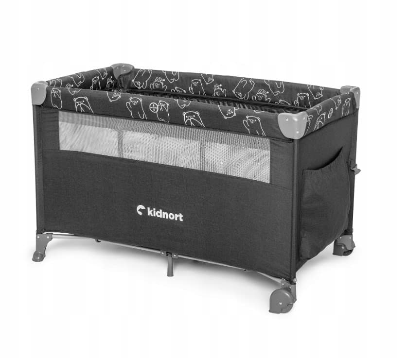 Set Patut pliabil 3 in 1 pentru copii,Kidnort,cu doua nivele,laterala culisanta,plasa de ventilatie,saltea pliabila si geanta de transport incluse,dimensiune 128x78.5x68 cm, Livsmiljo Dark Grey + Saltea cocos Comfort 8 cm