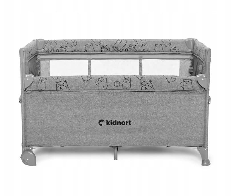 Set Patut pliabil 3 in 1 pentru copii,Kidnort,cu doua nivele,laterala culisanta,plasa de ventilatie,saltea pliabila si geanta de transport incluse,dimensiune 128x78.5x68 cm, Livsmiljo Light Grey + Saltea cocos Comfort 8 cm