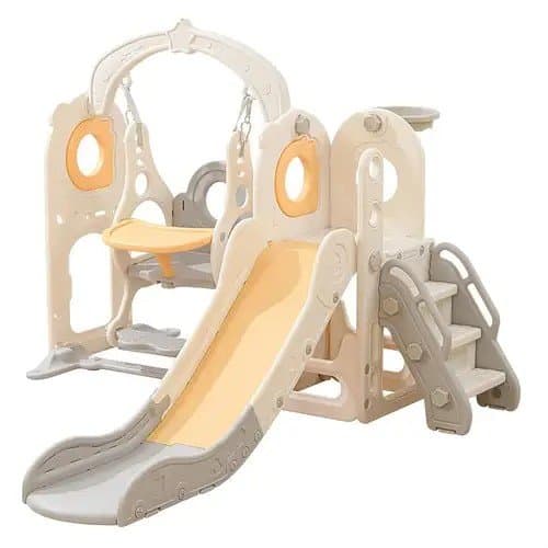 Spatiu de joaca pentru copii 3in1 Nichiduta Garden Grey, cu platforma, tobogan, leagan cu bara de protectie detasabila, jucarie muzicala, cos de baschet, dimensiune 170 x 145 x 110 cm