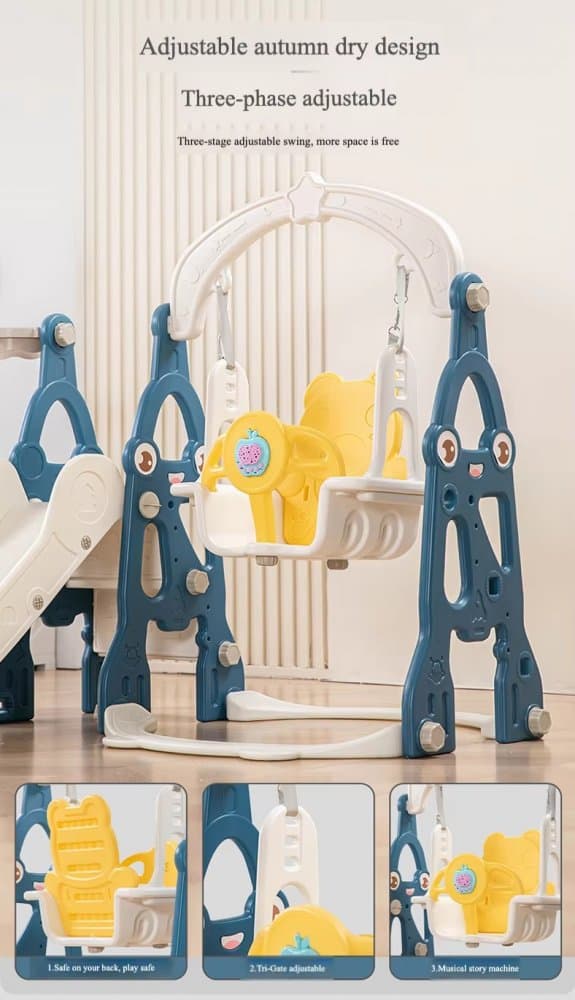 Spatiu de joaca pentru copii 3in1 Nichiduta Garden Rocket Blue, cu tobogan, leagan cu bara de protectie detasabila, jucarie muzicala, cos de baschet, dimensiune 50 x 135 x 116 cm
