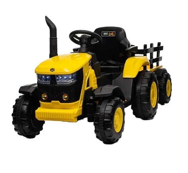 Tractor electric pentru copii Nichiduta Track Yellow 90W cu telecomanda 2.5G, Acumulator 12V, Remorca detasabila, Centura siguranta, Faruri cu lumini LED, Sunete,slot card, Roti late din plastic rezistent cu aparatori noroi