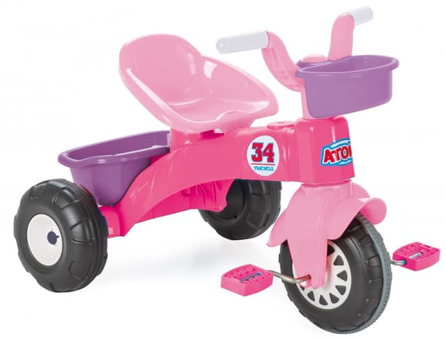 Tricicleta pentru copii Pilsan Atom Pink, roti din plastic rezistent cu aparatoare noroi, sezut cu spatar, cosulet pentru jucarii, de la 3 ani,greutate suportata maxim 35kg