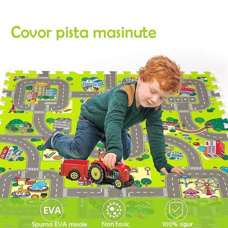 Covoras pista masinute, 9 piese tip puzzle, spuma eva, grosime 1 cm, 90x90 cm