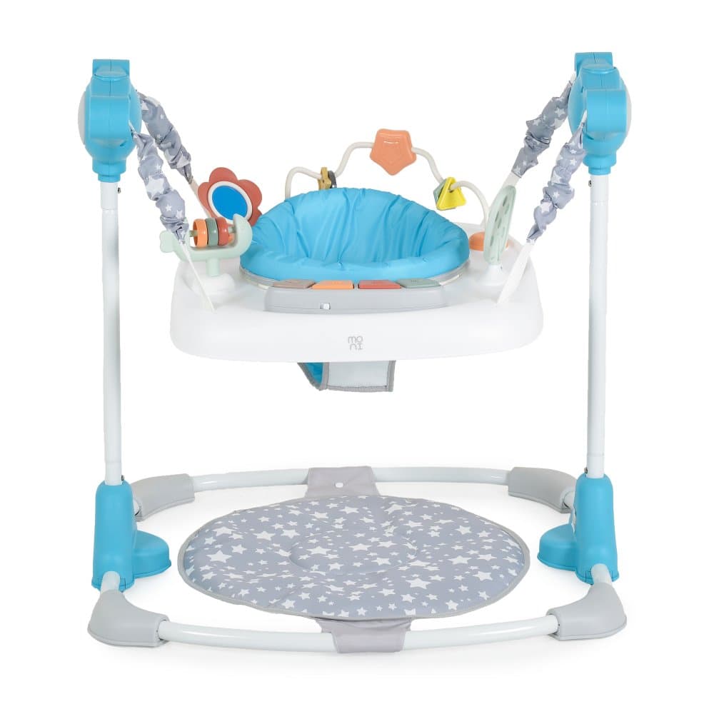 Jumper pentru copii Moni Hop Albastru cu inaltime reglabila,sezut rotativ 360 grade, panou muzical cu taste, jucarii cu diferite forme, culori si texturi, recomandat copii peste 6 luni si greutatea de pana la 12 kg