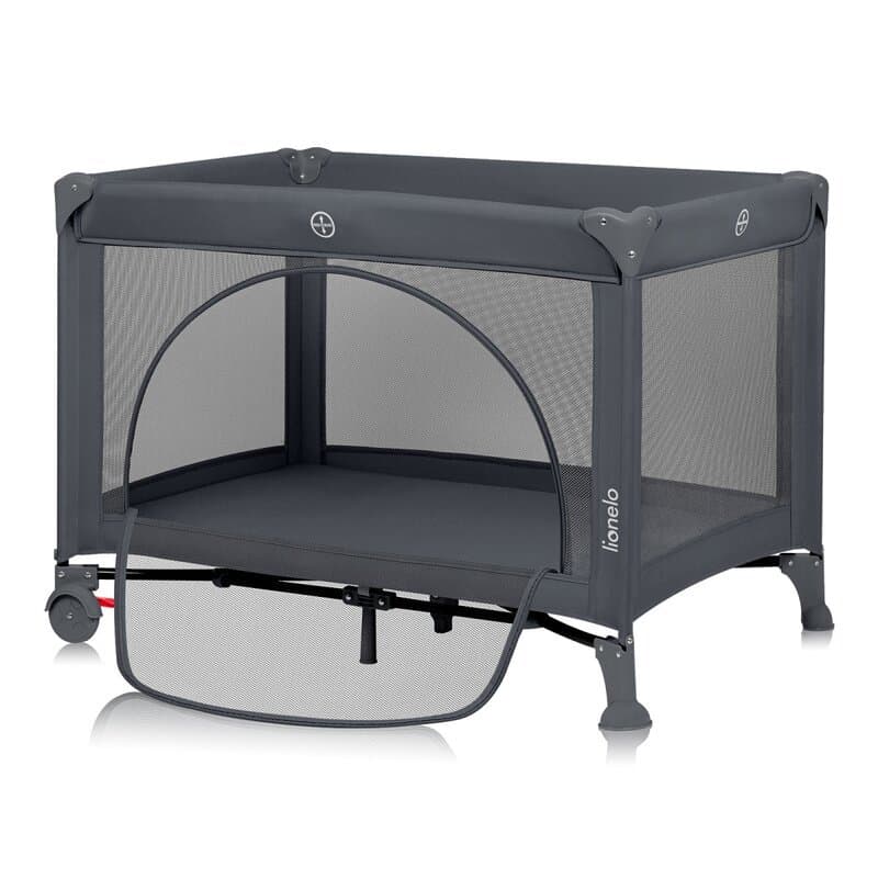 Patut pliabil, Lionelo, Laura, 102 x 74 cm, Cu doua nivele, Functie de tarc, Cu roti, Include salteluta si geanta de transport, Pereti din plasa, Deschidere laterala, Pana la 15 kg, 0 luni +, Gri