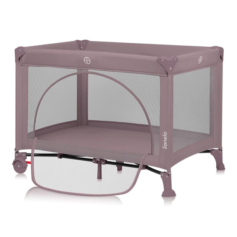 Patut pliabil, Lionelo, Laura, 102 x 74 cm, Cu doua nivele, Functie de tarc, Cu roti, Include salteluta si geanta de transport, Pereti din plasa, Deschidere laterala, Pana la 15 kg, 0 luni +, Roz