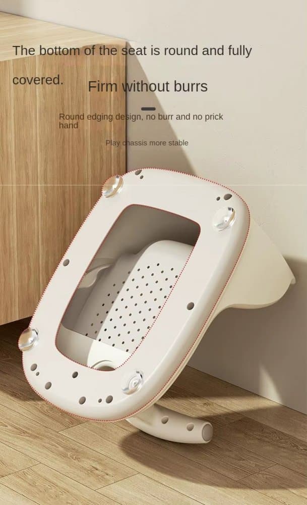 Scaunel de baie pentru copii Little Mom Cream, design ergonomic cu spatar, ghidon de sustinere, husa detasabila din cauciuc, fixare cu ventuze, dimensiune 21.5 x 31 x 39 x 23.5 cm