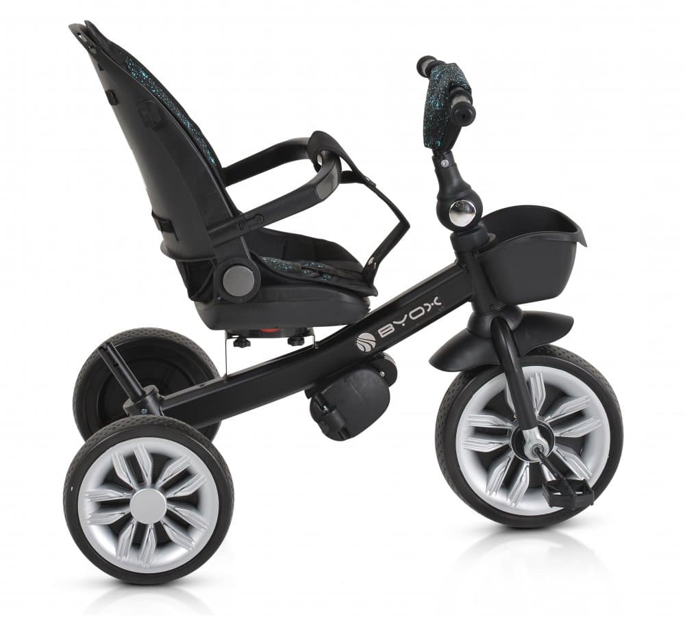 Tricicleta multifunctionala pentru copii Byox Space Blue cu roti EVA,Maner parinte reglabil pe inaltime,Scaun rotativ,Spatar reglabil cu pozitie somn,Ghidon pliabil,Roti EVA,2 tipuri de suport picioare,Cosulet si suport pahar