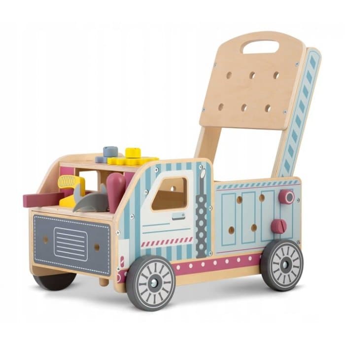 Antepremergator Ricokids Tool Truck din lemn tip atelier auto mobil cu activitati,tabla neagra,rotite cu angrenaj,unelte,suruburi si piulite,dimensiune 40x28x43 cm