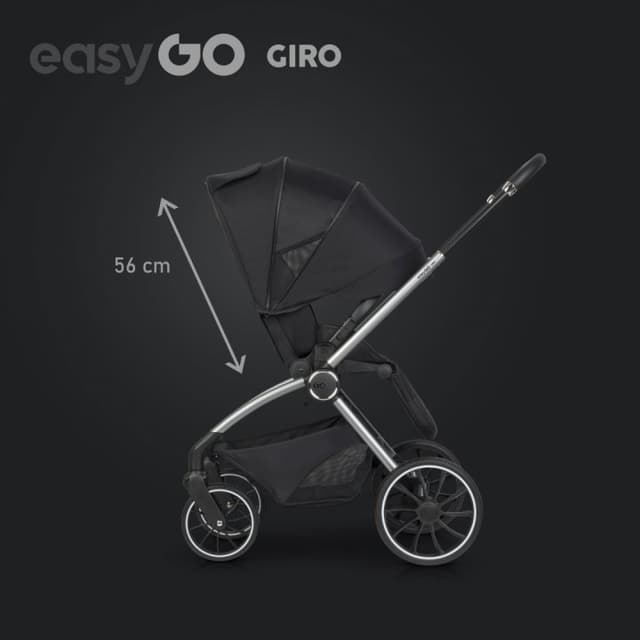Carucior pentru copii 2 in 1 Easy Go Giro, pana la 22 kg, cu landou 80 cm, Maner telescopic, copertina XXL, pliere tip pendul, cadru ultra-usor din aluminiu, accesorii incluse, Ebony Black