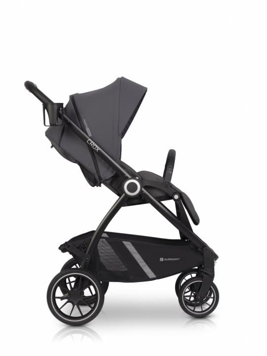 Carucior pentru nou nascut Euro-Cart Crox, cu cadrul de aluminiu, pliere compacta, scaun reversibil, cu 3 nivele de ajustare a spatarului, capotina si husa de picioruse, roti cu suspensii, pana la 22 kg, Iron
