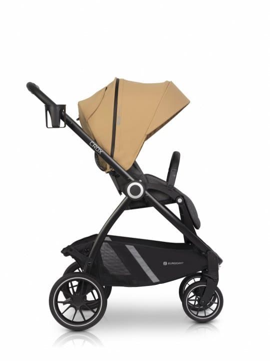 Carucior pentru nou nascut Euro-Cart Crox, cu cadrul de aluminiu, pliere compacta, scaun reversibil, cu 3 nivele de ajustare a spatarului, capotina si husa de picioruse, roti cu suspensii, pana la 22 kg, Camel