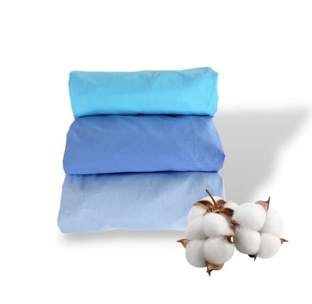 Set 3 cearsafuri din bumbac ranforce pentru pat copii, Deseda, cu elastic roata, dimensiune 140 x 70 cm, mix albastru