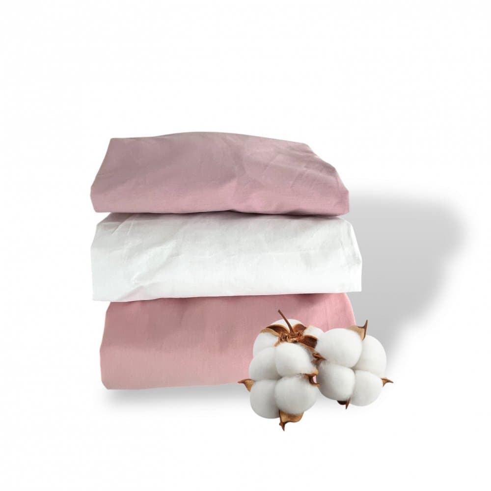 Set 3 cearsafuri din bumbac ranforce pentru pat copii, Deseda, cu elastic roata, dimensiune 140 x 70 cm, mix roz pudrat