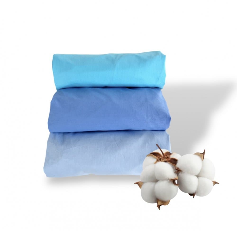 Set 3 cearsafuri din bumbac ranforce pentru pat copii, Deseda, cu elastic roata, dimensiune 160 x 80 cm, mix albastru
