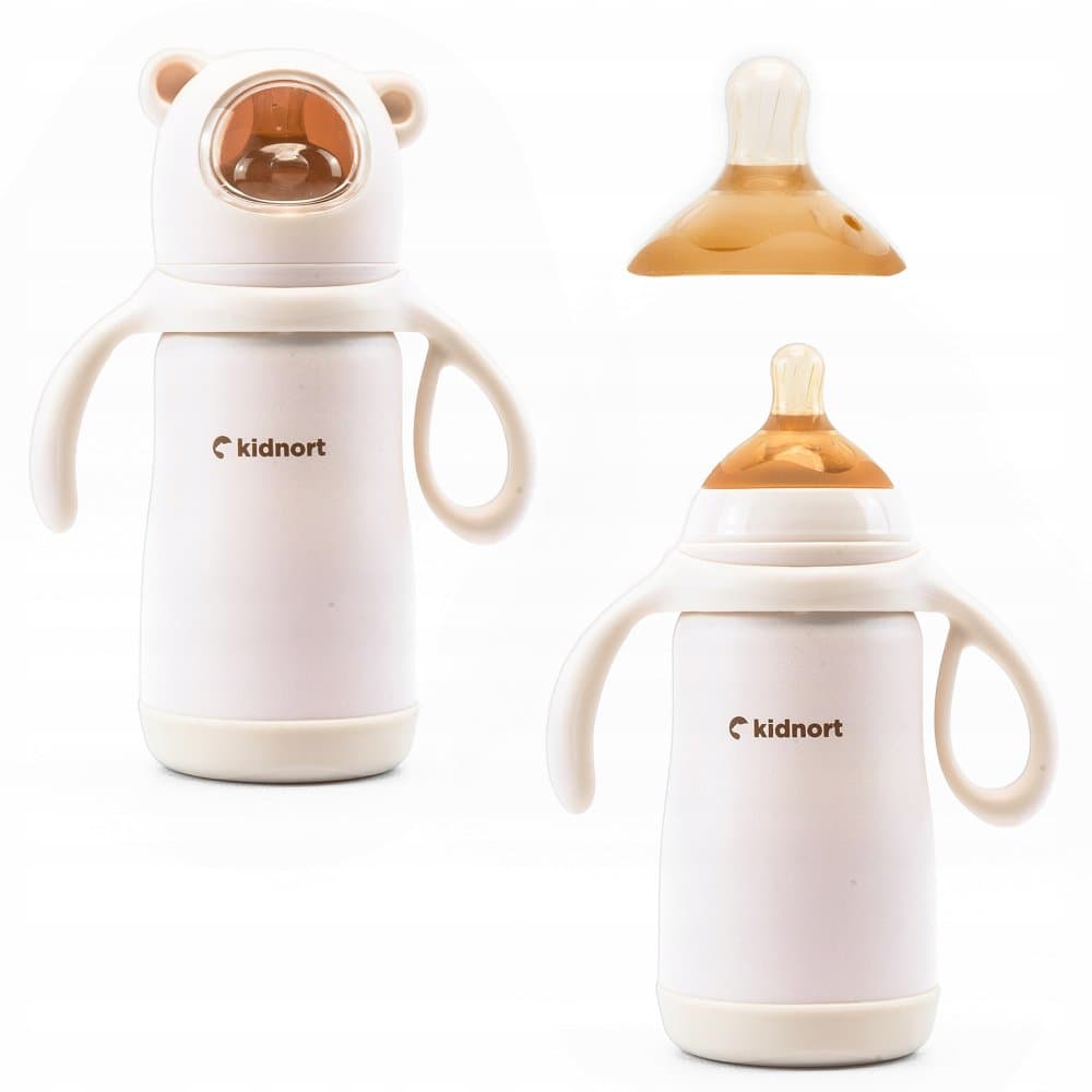 Termos de lichide si biberon pentru copii Kidnort Paere, 270 ml roz, sterilizabil din otel inoxidabil, echipat cu pai cu bila gravitationala si maner ergonomic, izolare termica pana la 10 ore, de la 6 luni