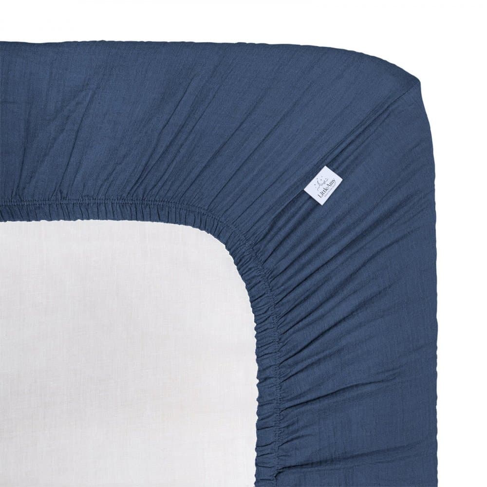 Cearceaf muselina organica, cu elastic, Little Amy, Albastru inchis, 90 x 180 cm