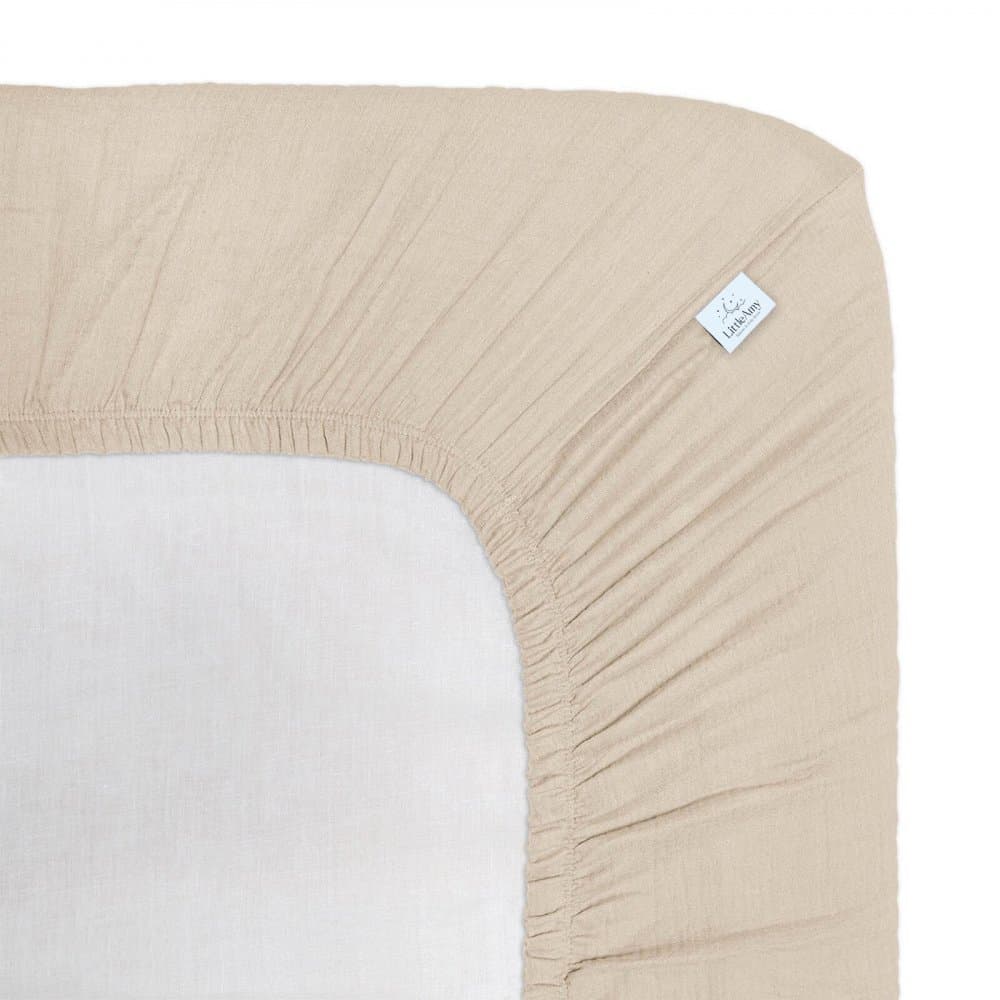 Cearceaf muselina organica, cu elastic, Little Amy, Bej deschis, 60 x 120 cm
