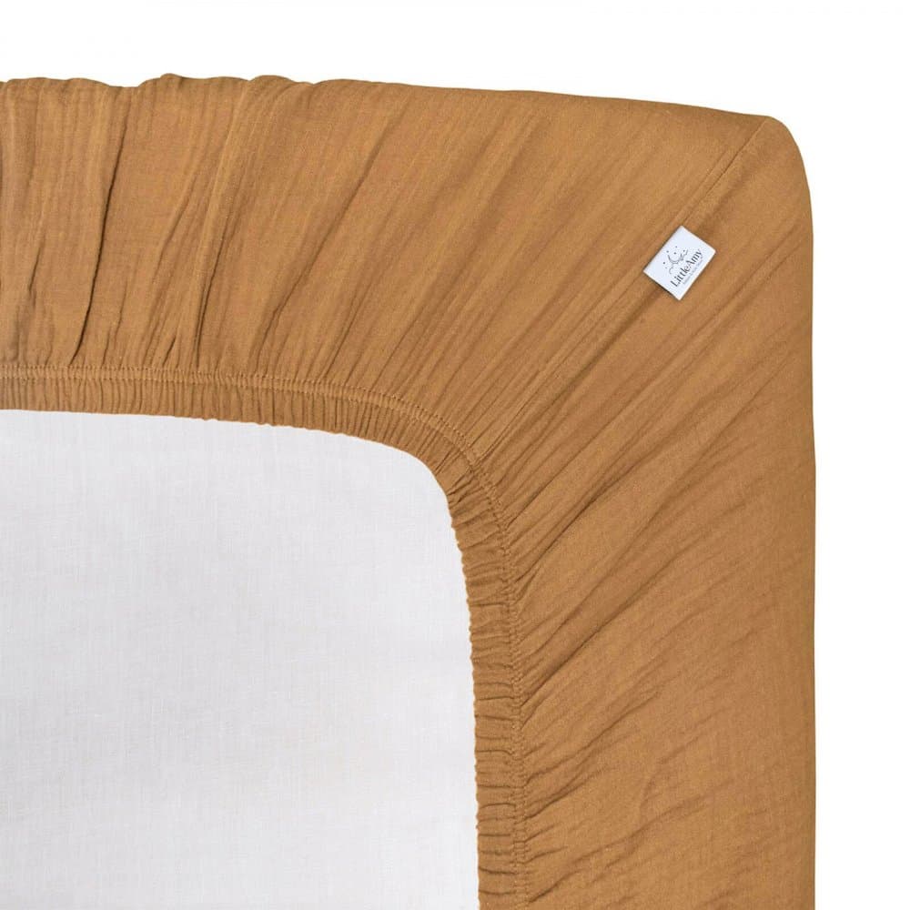 Cearceaf muselina organica, cu elastic, Little Amy, Maro deschis, 60 x 120 cm