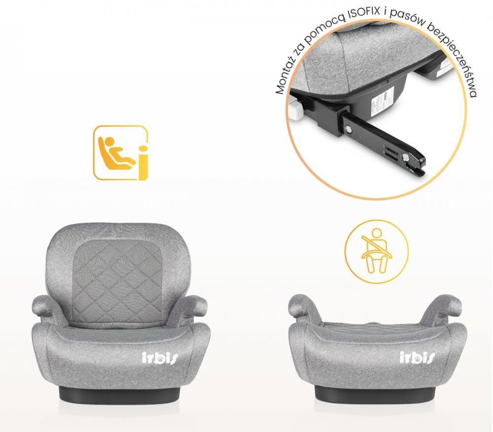 Inaltator auto copii Caretero Irbis I-Size Grey Melange 125-150 cm, fixare cu isofix, centura de ghidaj, spatar reglabil si detasabil, husa lavabila, cotiere, Certificat R129