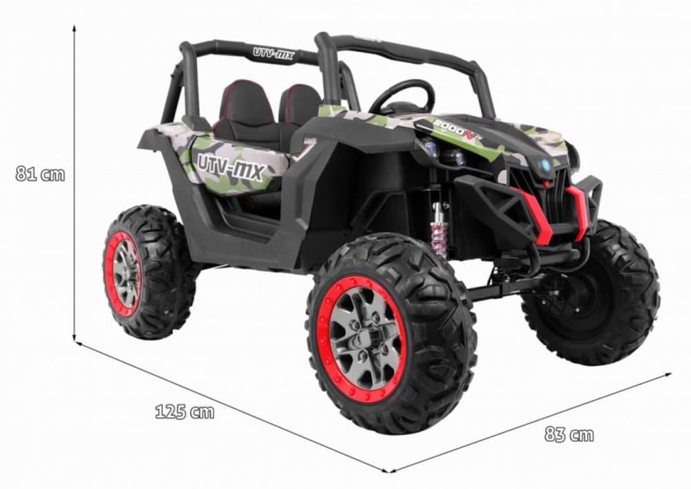 Masinuta electrica pentru copii Novokids Buggy UTV, 2 locuri, faruri luminoase, roti din cauciuc EVA, max 50 kg , 2 baterii de 12V, Mp3USB, 2 viteze, model Offroad, Camouflage