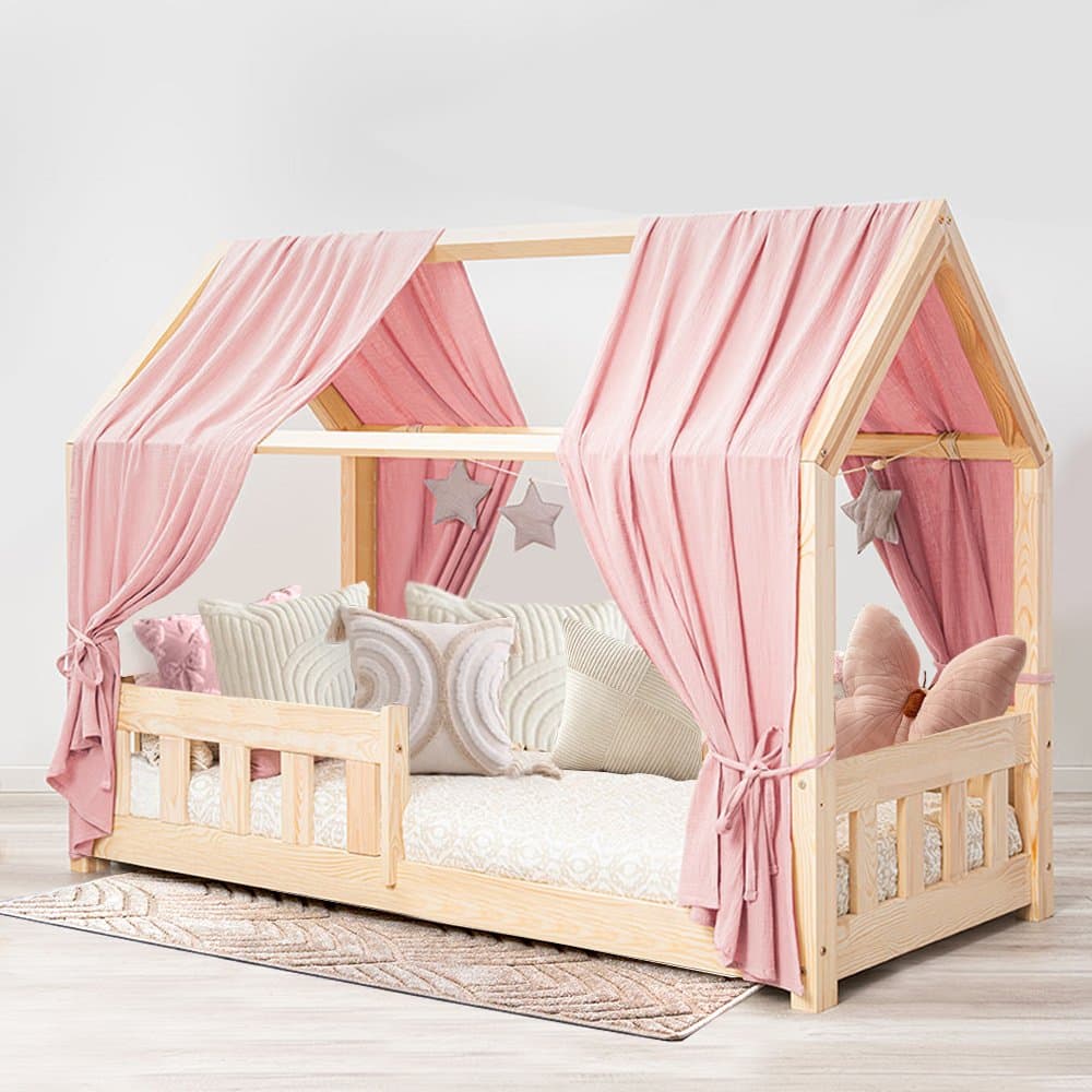 Pat copii montessori tip casuta, LittleAmy, Angel Nest, Balustrade cu bare plate, Natur, 120 x 200 cm