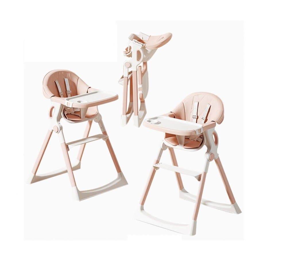 Scaun de masa ultrapliabil pentru bebelusi Little Mom, cu structura piramidala, design anti-ridicare, echipat cu roti, tavita si suport de picioare ajustabile, manere de sustinere, dimensiune 54 x 67 x 88 cm, Pink