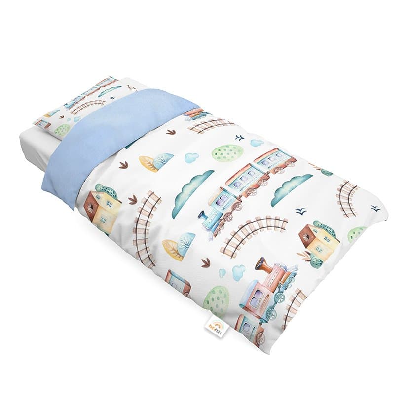 Set lenjerie de pat single din bumbac, Trenuri, Little Amy, 100x135 cm