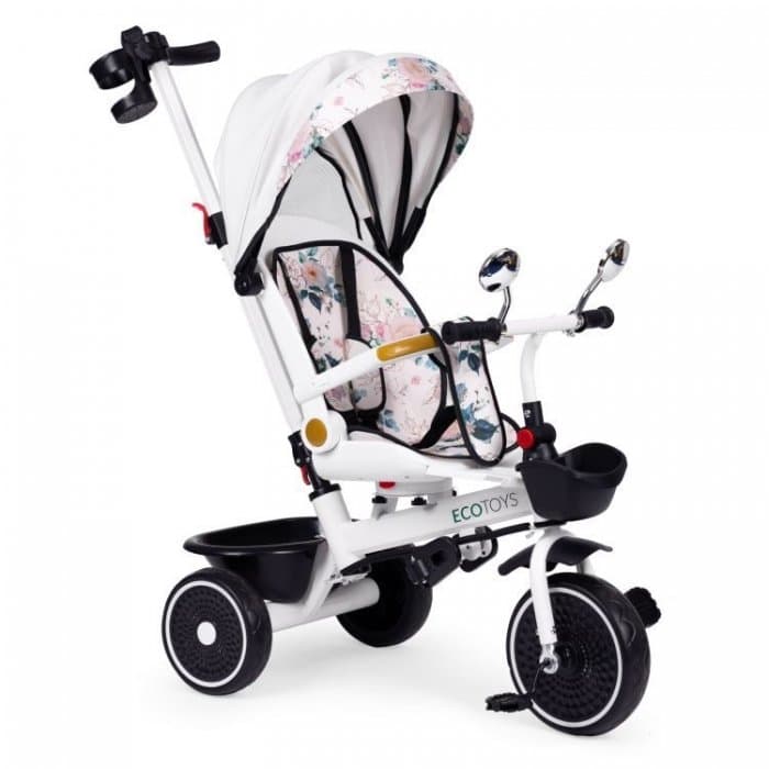 Tricicleta pentru copii Ecotoys Alb multifunctionala, scaun rotativ 360, roti din spuma EVA, suport pliabil pentru picioare, bariera de siguranta, maner pentru controlul directiei