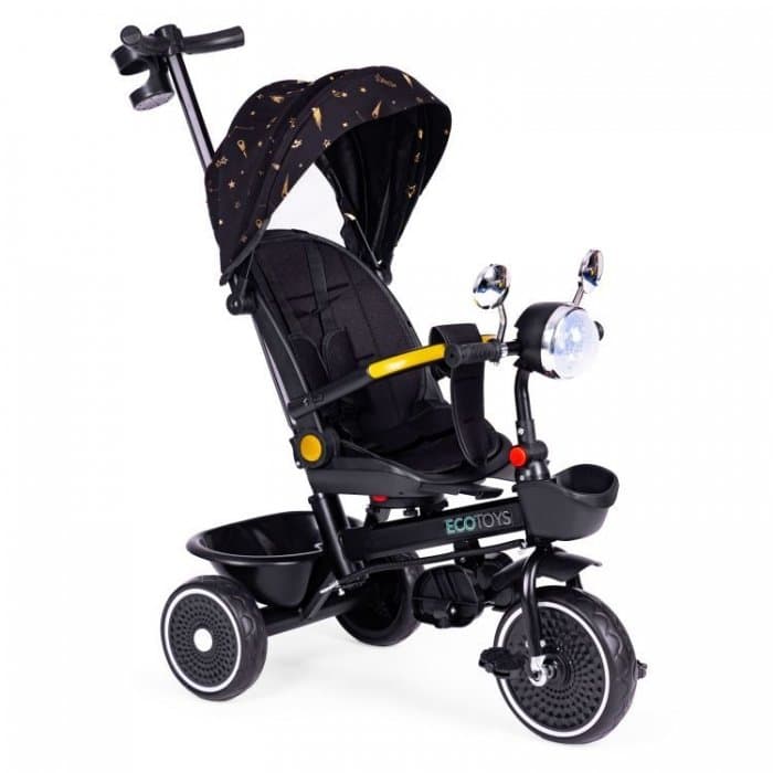 Tricicleta pentru copii Ecotoys Negru multifunctionala, scaun rotativ 360, roti din spuma EVA, suport pliabil pentru picioare, bariera de siguranta, maner pentru controlul directiei