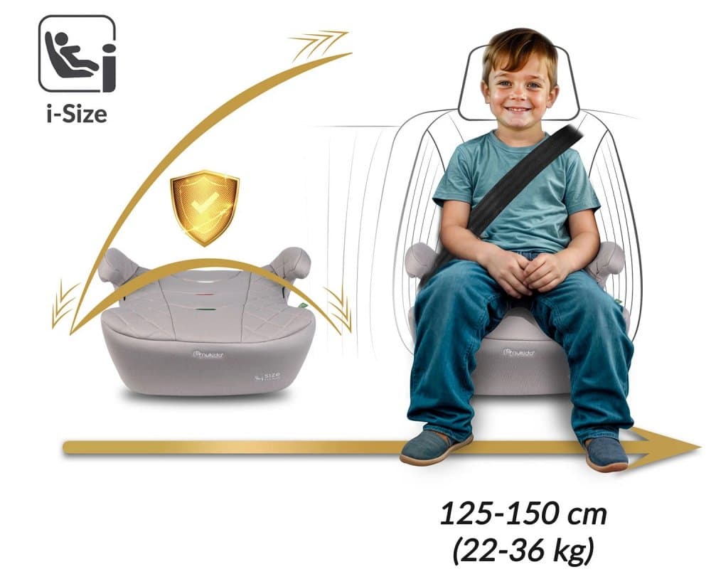 Inaltator auto copii Nukido Louis Bej 125-150 cm cu fixare isofix,conectori telescopici cu sistem vizual fixare corecta,tapiterie de calitate superioara,husa detasabila si lavabila,cotiere,dimensiune 32x37x22 cm