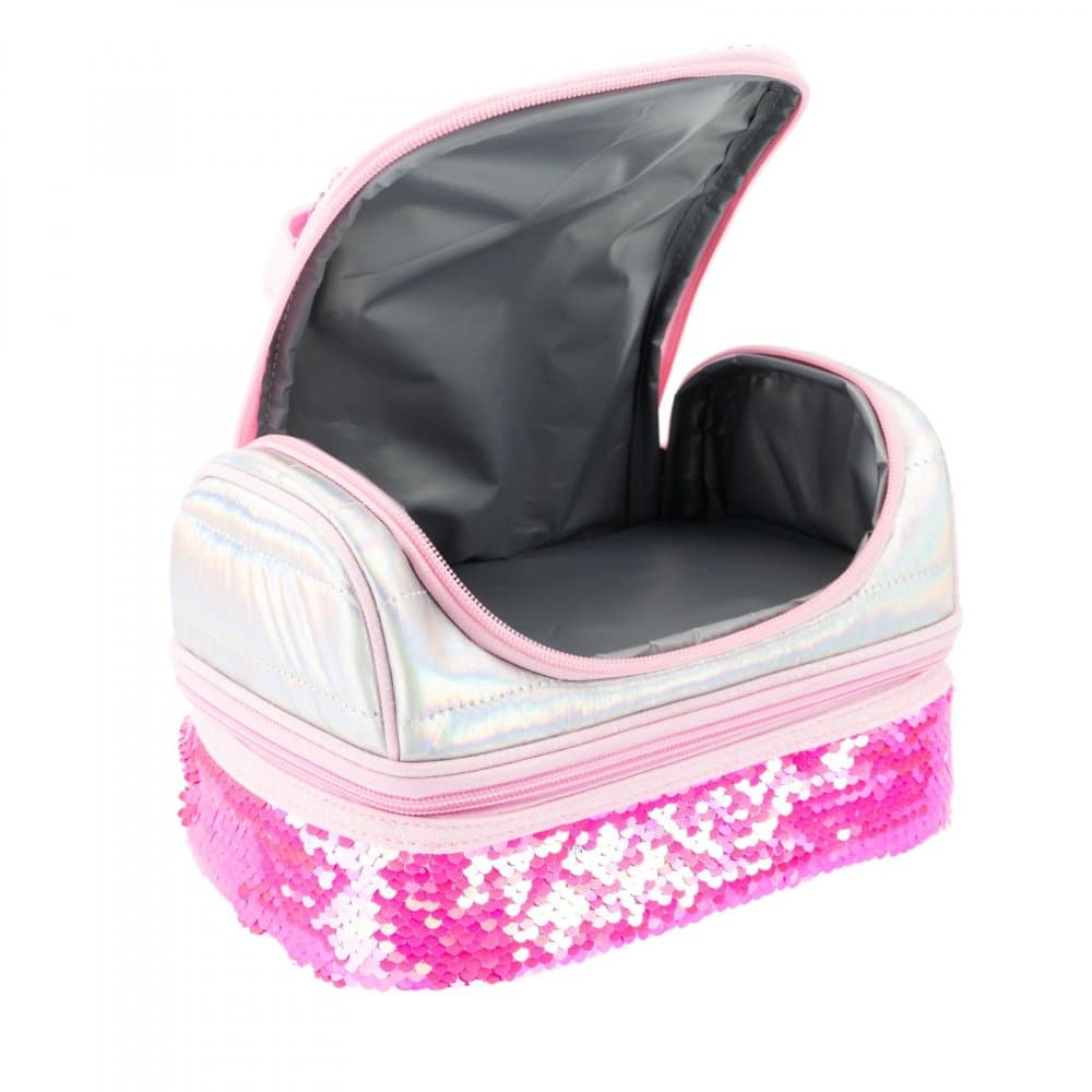 Cutie termica matlasata cu paiete reversibile si interior impermeabil Lunch box Girabrilla Pink Fluo