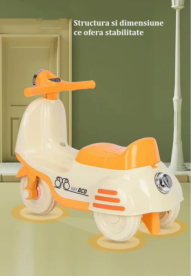 Motocicleta RideON fara pedale pentru copii Nichiduta BabyRide Orange cu far lumina led, muzica, sezut ergonomic cu spatiu depozitare, sistem de siguranta antirasturnare