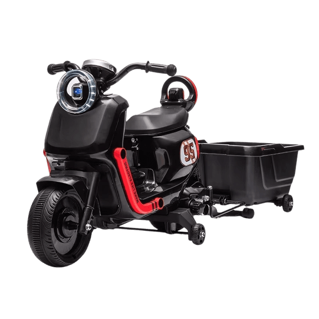 Motocicleta electrica pentru copii Nichiduta SafeRider 95 Black,remorca detasabila,roti ajutatoare,motor 35w,acumulator 6V7Ah,far cu lumini LED,roti rezistente,manere ergonomice,muzica,pornire la buton
